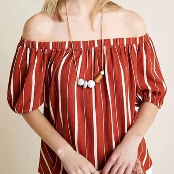 ANTHROPOLOGIE ANTHRO Elodie Off the Shoulder Top Terracotta Rust Red Stripe Boho - Picture 3 of 12